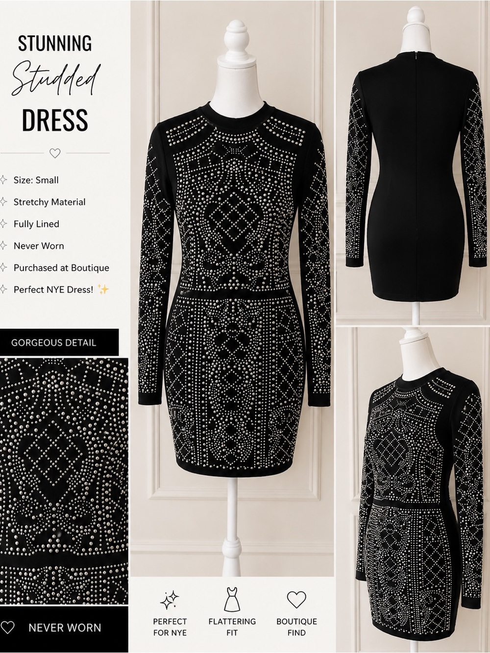 Black rhinestone, studded, body con fitted dress Size small Great for  NYE
